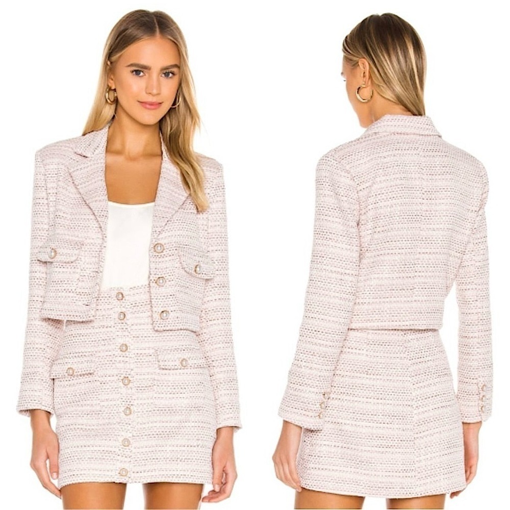 NWT REVOLVE X SONG OF STYLE Pastel Tweed Pearl Button Structured Crop Blazer XXL